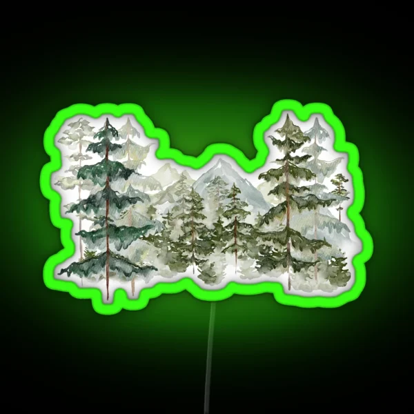 Watercolor Pine Forest And Mountain Aesthetic Graphic RGB Neon Sign