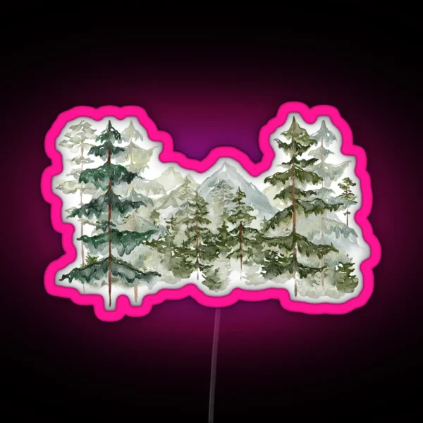 Watercolor Pine Forest And Mountain Aesthetic Graphic RGB Neon Sign