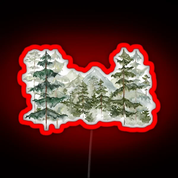 Watercolor Pine Forest And Mountain Aesthetic Graphic RGB Neon Sign