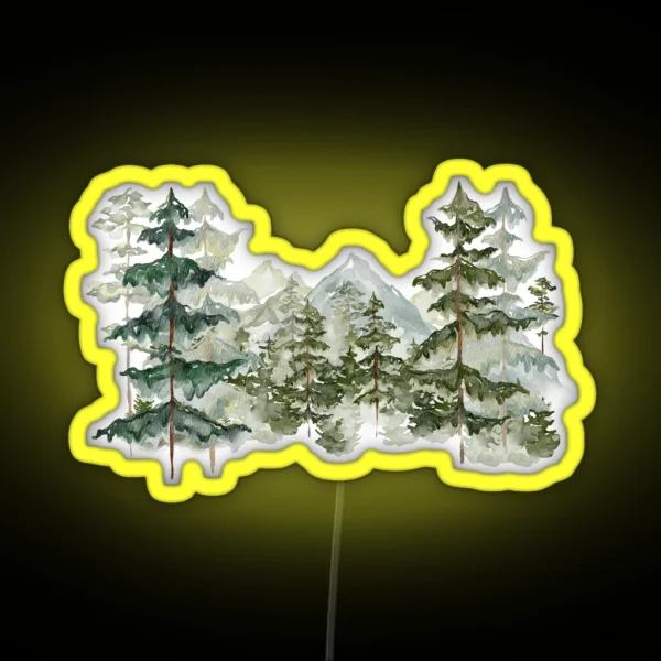 Watercolor Pine Forest And Mountain Aesthetic Graphic RGB Neon Sign