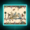 Whimsical medieval bestiary music scene with animal musicians in neon colors.