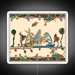 WEIRD MEDIEVAL BESTIARY MAKING MUSIC White Rabbit And Dog Playing Organ Harpist Hare Snail Cat RGB Neon Sign