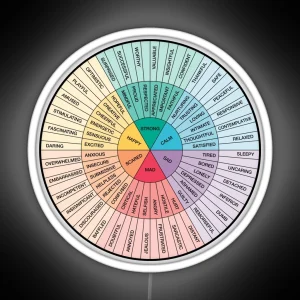 Wheel Of Feelings And Emotions On Black Therapy And Counseling Art DBT And CBT Gift For Counselor Therapist And Parent RGB Neon Sign