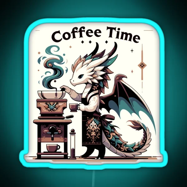 Whimsical Brewmaster Dragon Coffee Time RGB Neon Sign