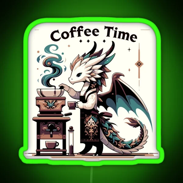 Whimsical Brewmaster Dragon Coffee Time RGB Neon Sign