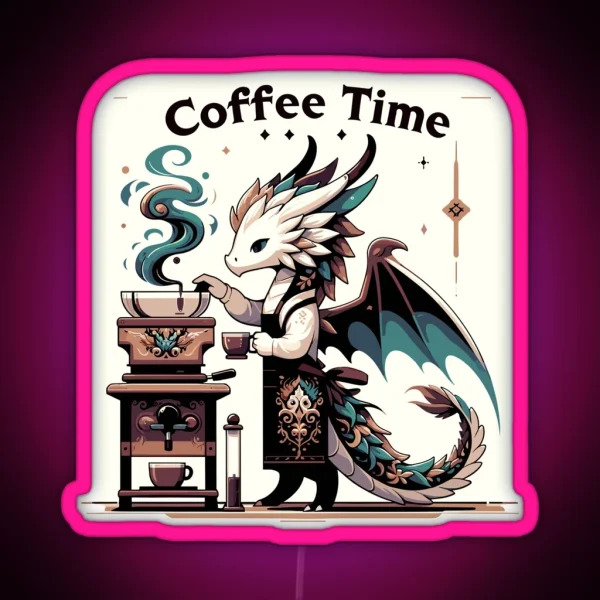 Whimsical Brewmaster Dragon Coffee Time RGB Neon Sign