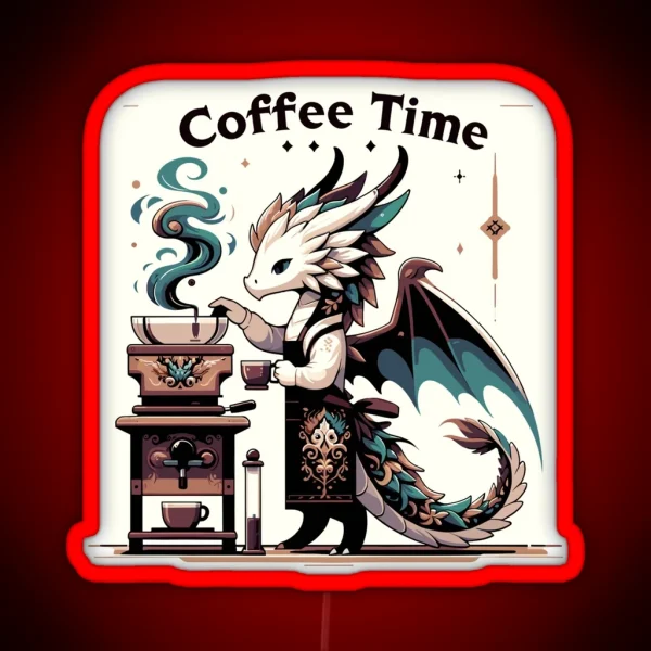 Whimsical Brewmaster Dragon Coffee Time RGB Neon Sign