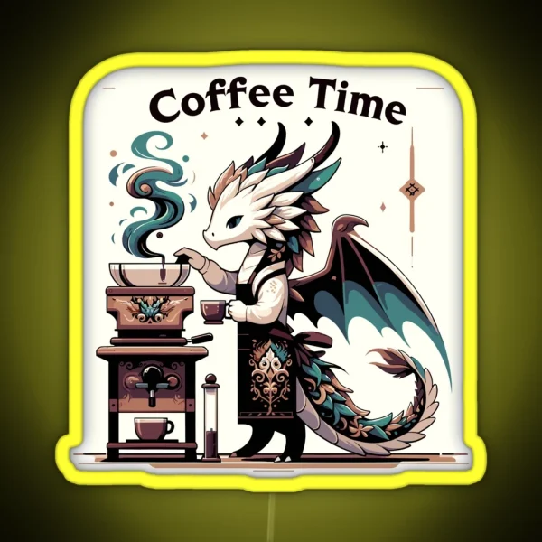 Whimsical Brewmaster Dragon Coffee Time RGB Neon Sign