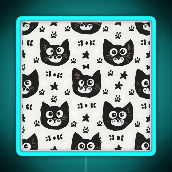 Whimsical Cat Doodles Playful Pattern RGB Neon Sign