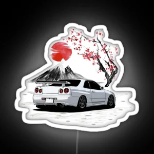 White 1998 Skyline R34 GTR With Cherry Blossom Rear Side RGB Neon Sign