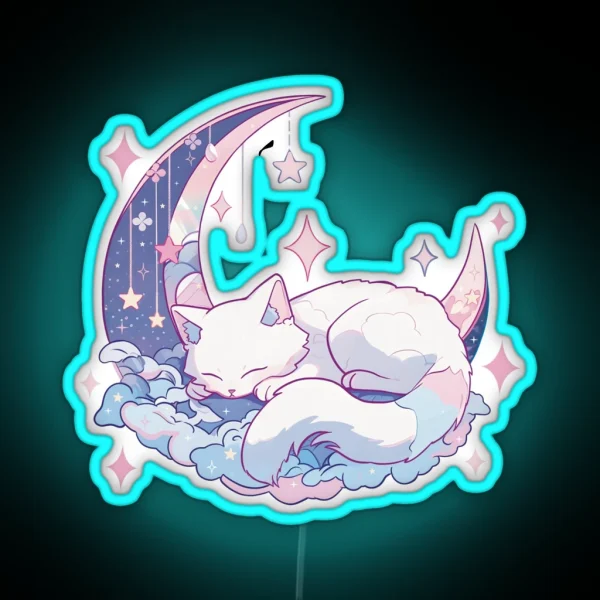 White Cat Sleeping On Pink Blue Moon RGB Neon Sign
