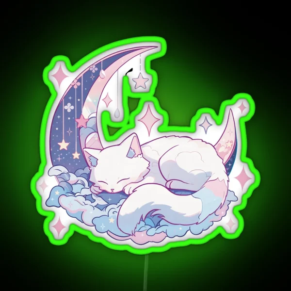 White Cat Sleeping On Pink Blue Moon RGB Neon Sign