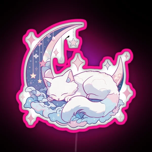 White Cat Sleeping On Pink Blue Moon RGB Neon Sign