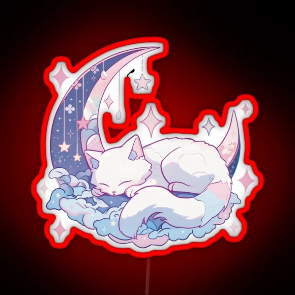 White Cat Sleeping On Pink Blue Moon RGB Neon Sign