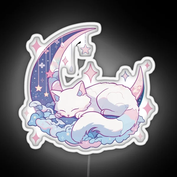 White Cat Sleeping On Pink Blue Moon RGB Neon Sign
