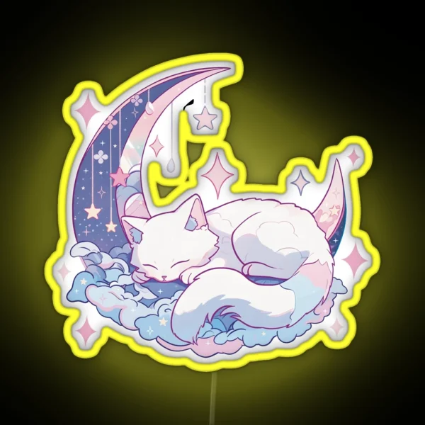 White Cat Sleeping On Pink Blue Moon RGB Neon Sign