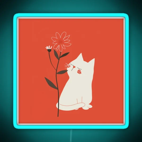 White Cat With Flower Minimalist Naive Art RGB Neon Sign