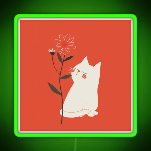 White Cat With Flower Minimalist Naive Art RGB Neon Sign