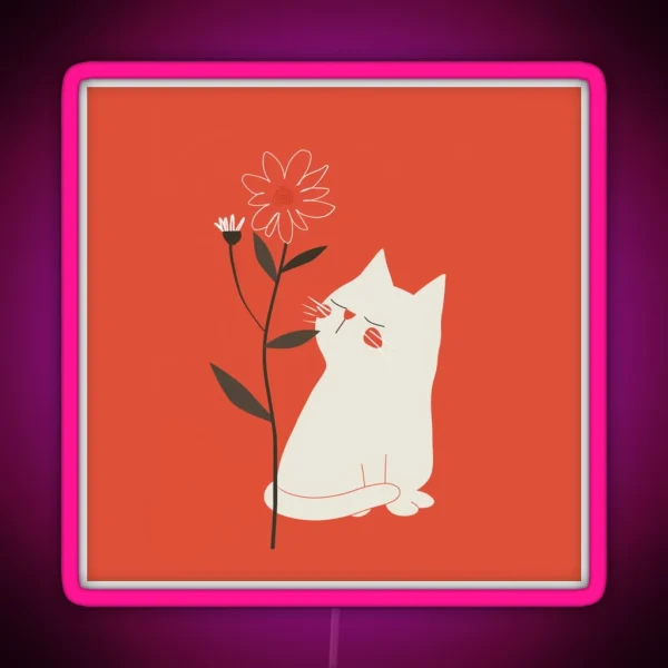 White Cat With Flower Minimalist Naive Art RGB Neon Sign
