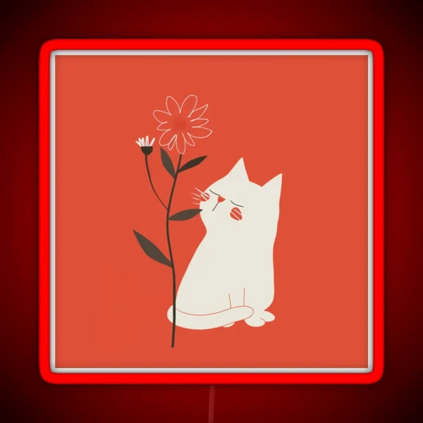 White Cat With Flower Minimalist Naive Art RGB Neon Sign