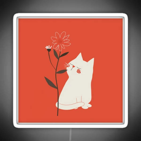 White Cat With Flower Minimalist Naive Art RGB Neon Sign