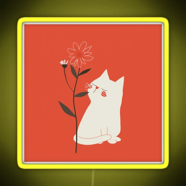 White Cat With Flower Minimalist Naive Art RGB Neon Sign