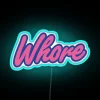 Vibrant WHORE neon sign with full RGB color changing capabilities.