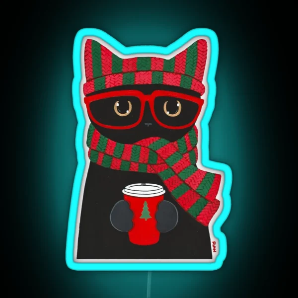 Winter Black Cat With Coffee RGB Neon Sign