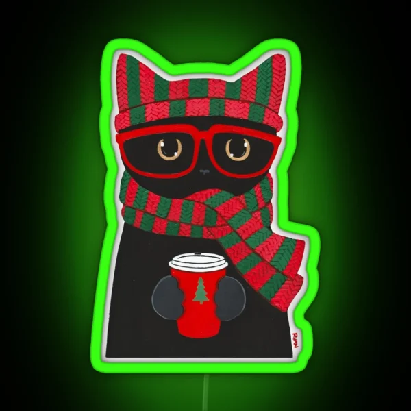 Winter Black Cat With Coffee RGB Neon Sign