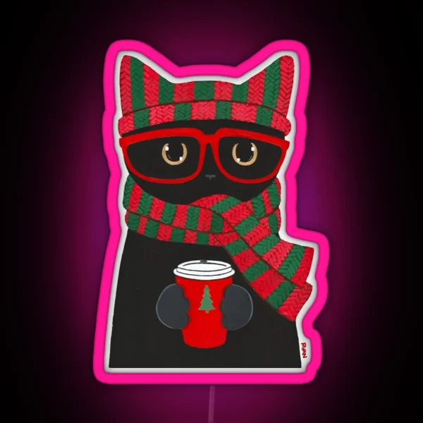 Winter Black Cat With Coffee RGB Neon Sign