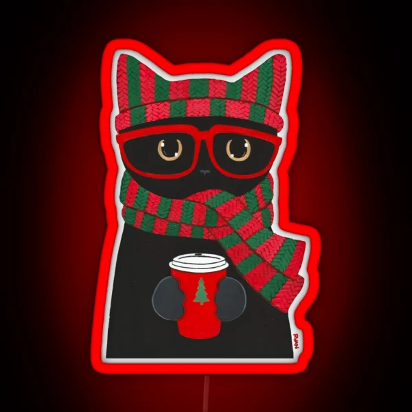 Winter Black Cat With Coffee RGB Neon Sign