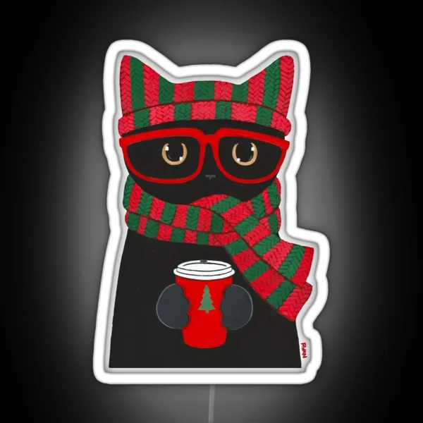 Winter Black Cat With Coffee RGB Neon Sign