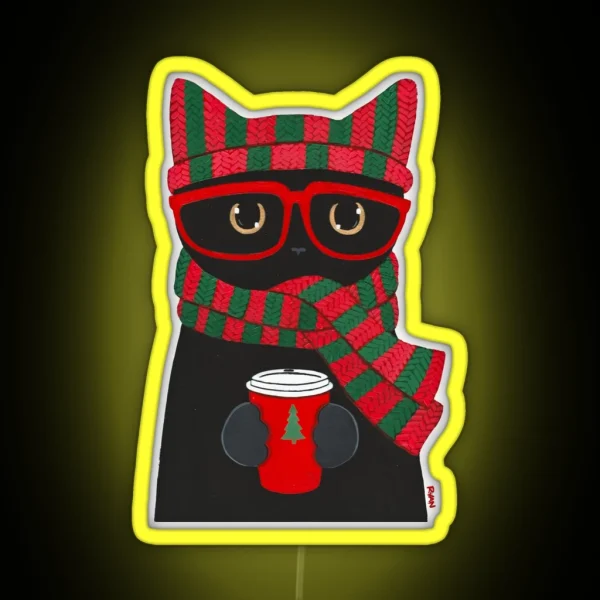 Winter Black Cat With Coffee RGB Neon Sign