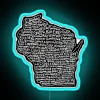 Customizable vibrant Wisconsin state map with cities written in neon.