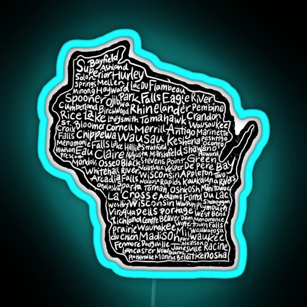 Wisconsin Handwritten Map Of State And Cities RGB Neon Sign
