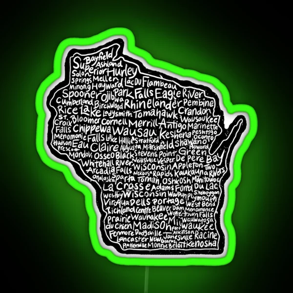 Wisconsin Handwritten Map Of State And Cities RGB Neon Sign