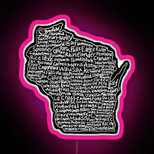 Wisconsin Handwritten Map Of State And Cities RGB Neon Sign