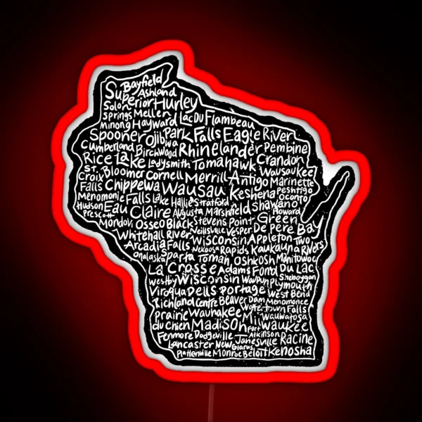 Wisconsin Handwritten Map Of State And Cities RGB Neon Sign