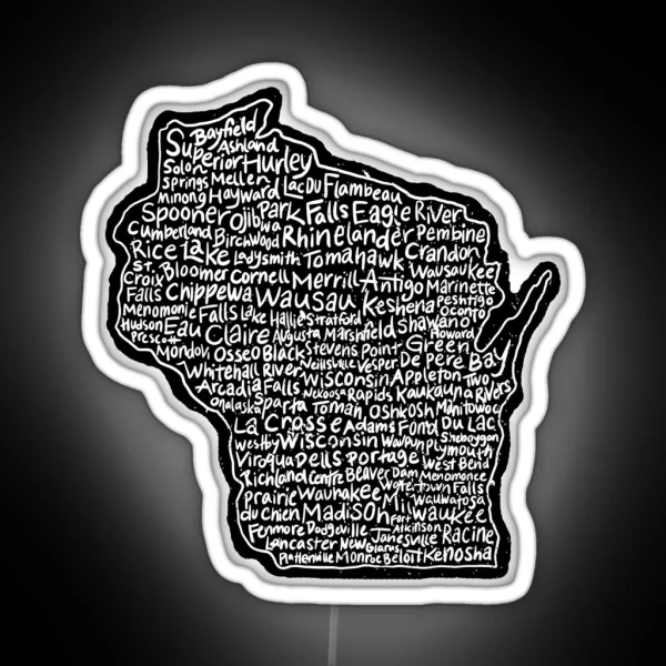 Wisconsin Handwritten Map Of State And Cities RGB Neon Sign