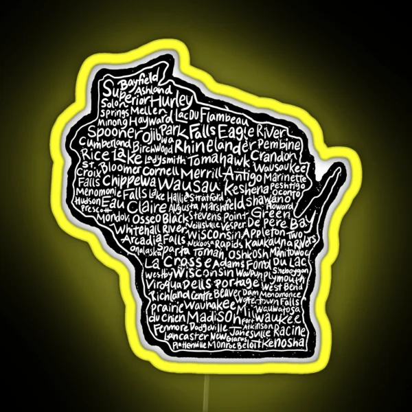Wisconsin Handwritten Map Of State And Cities RGB Neon Sign