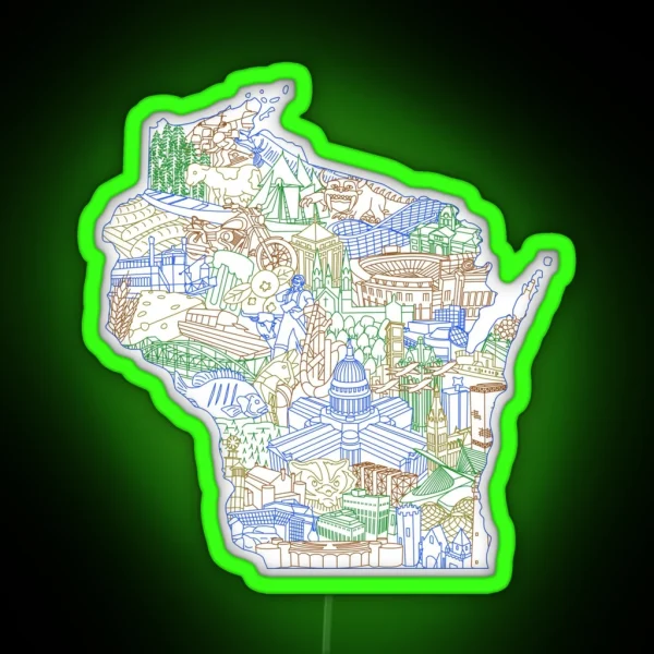 Wisconsin Landmark Collage Art Earth RGB Neon Sign