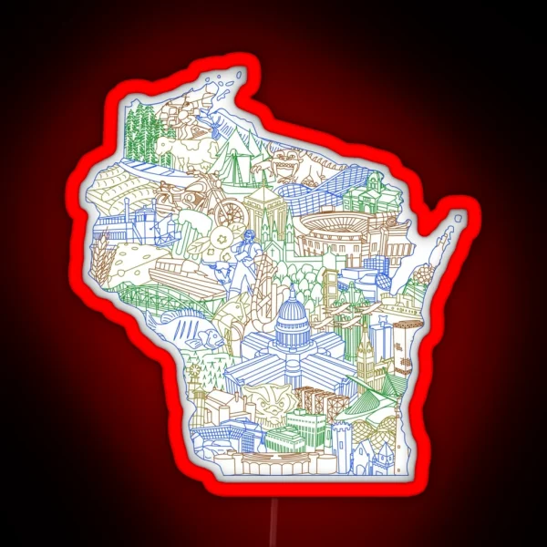 Wisconsin Landmark Collage Art Earth RGB Neon Sign