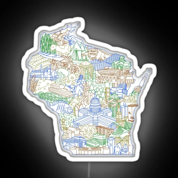 Wisconsin Landmark Collage Art Earth RGB Neon Sign