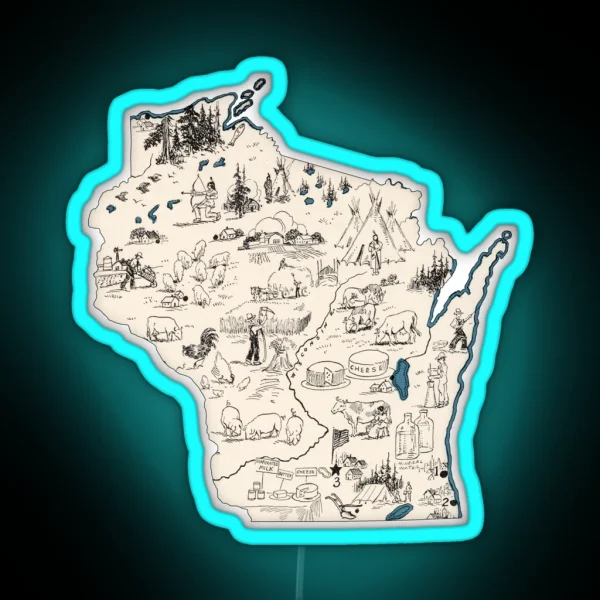 Wisconsin Vintage Picture Map RGB Neon Sign