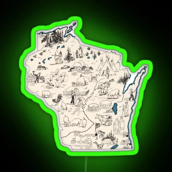 Wisconsin Vintage Picture Map RGB Neon Sign