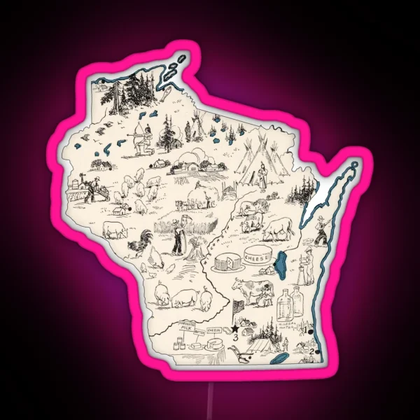 Wisconsin Vintage Picture Map RGB Neon Sign