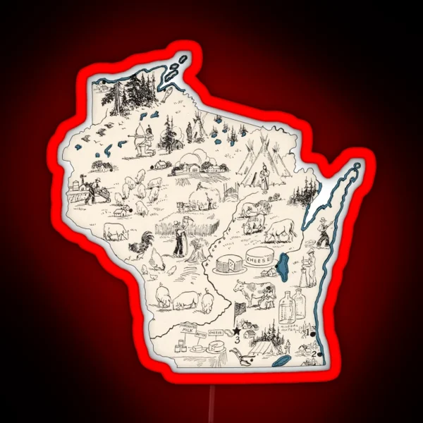Wisconsin Vintage Picture Map RGB Neon Sign