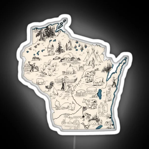Wisconsin Vintage Picture Map RGB Neon Sign