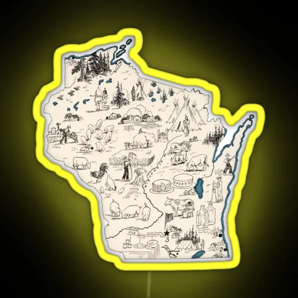 Wisconsin Vintage Picture Map RGB Neon Sign