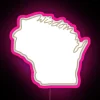 Neon Sign Featuring Vibrant Wisconsin State Outline in Artistic Script